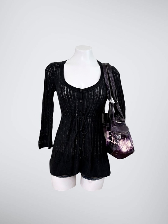 DKNY Sweaters - Vtg DKNY JEANS Black Pointelle Knit Babydoll Cardigan Top Y2K